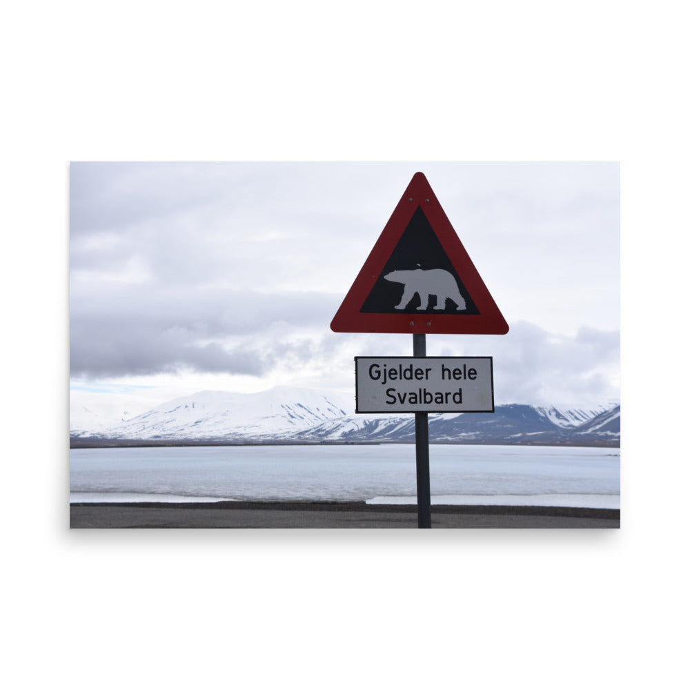 Polar Bear Crossing Warning Sign in Svalbard, Norway - Photo Print