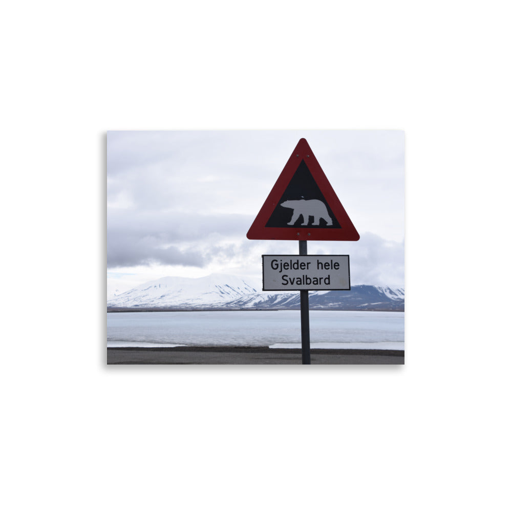 Polar Bear Crossing Warning Sign in Svalbard, Norway - Photo Print