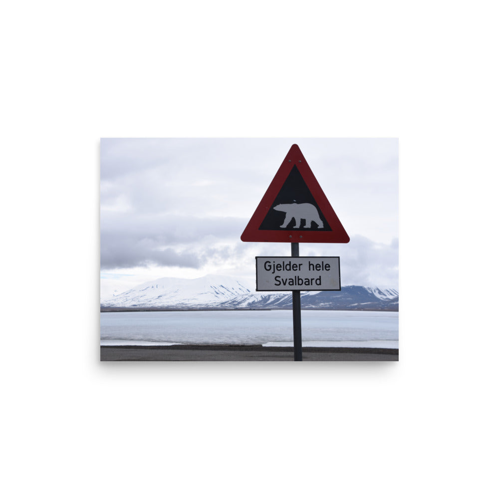 Polar Bear Crossing Warning Sign in Svalbard, Norway - Photo Print