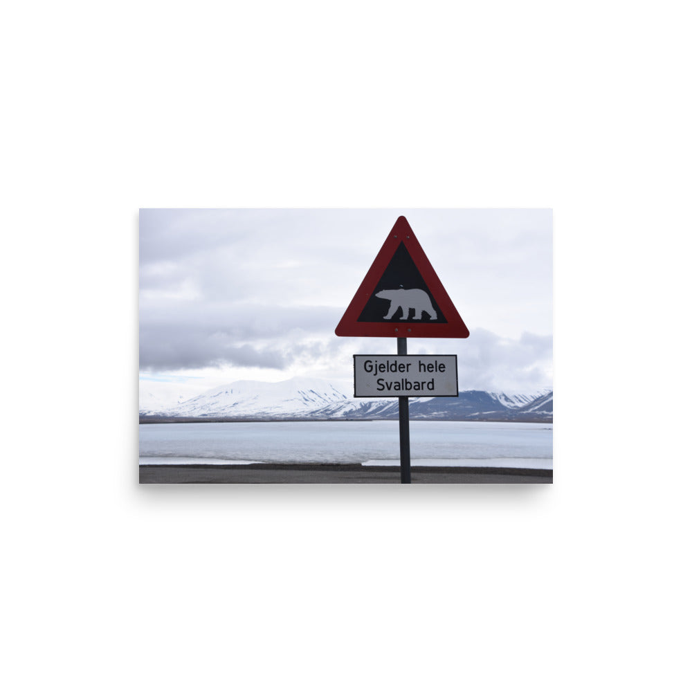 Polar Bear Crossing Warning Sign in Svalbard, Norway - Photo Print