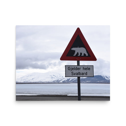 Polar Bear Crossing Warning Sign in Svalbard, Norway - Photo Print