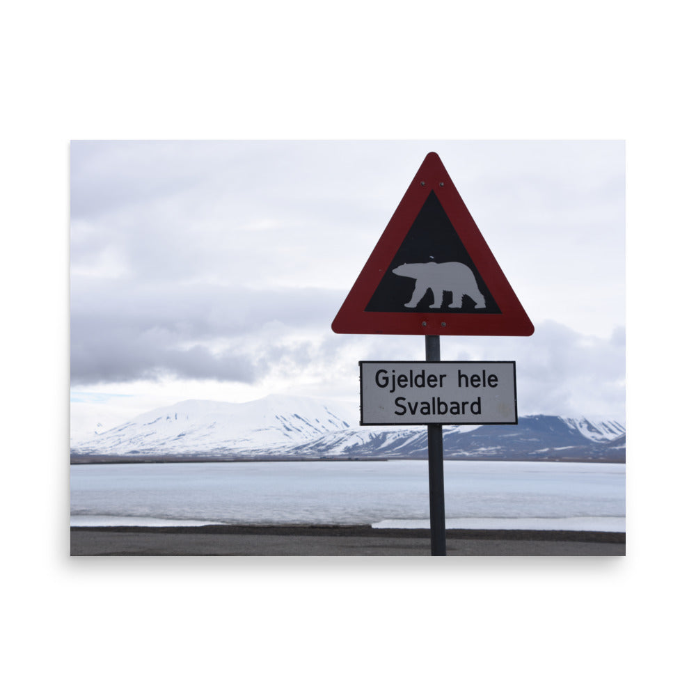 Polar Bear Crossing Warning Sign in Svalbard, Norway - Photo Print