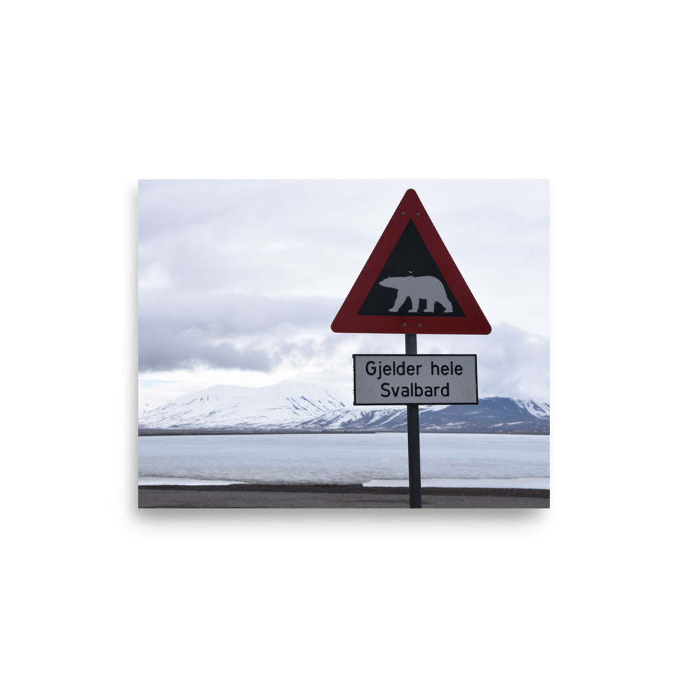 Polar Bear Crossing Warning Sign in Svalbard, Norway - Photo Print
